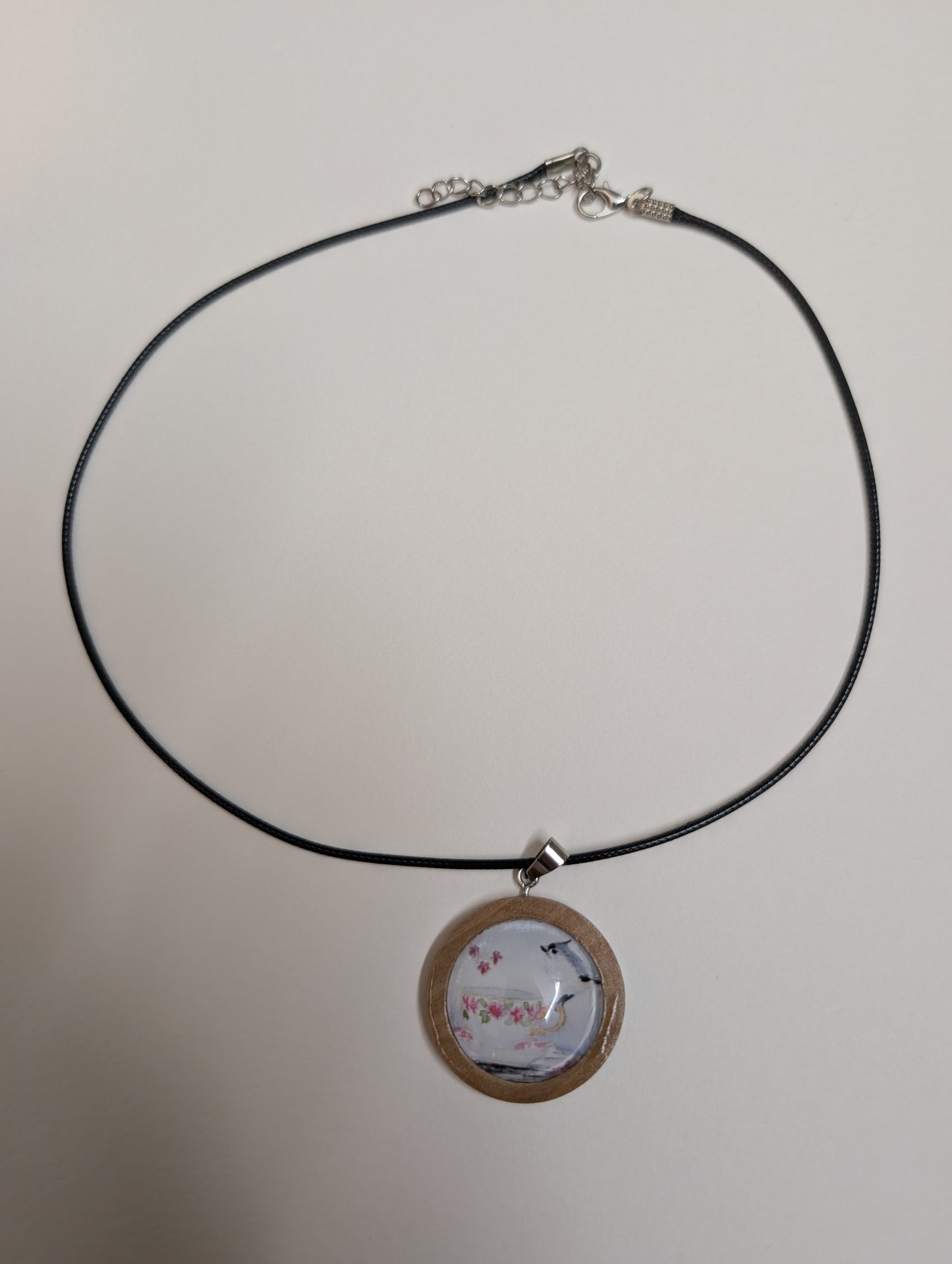 Titmouse Bird on Teacup Pendant Necklace - Lora Cavallin Art