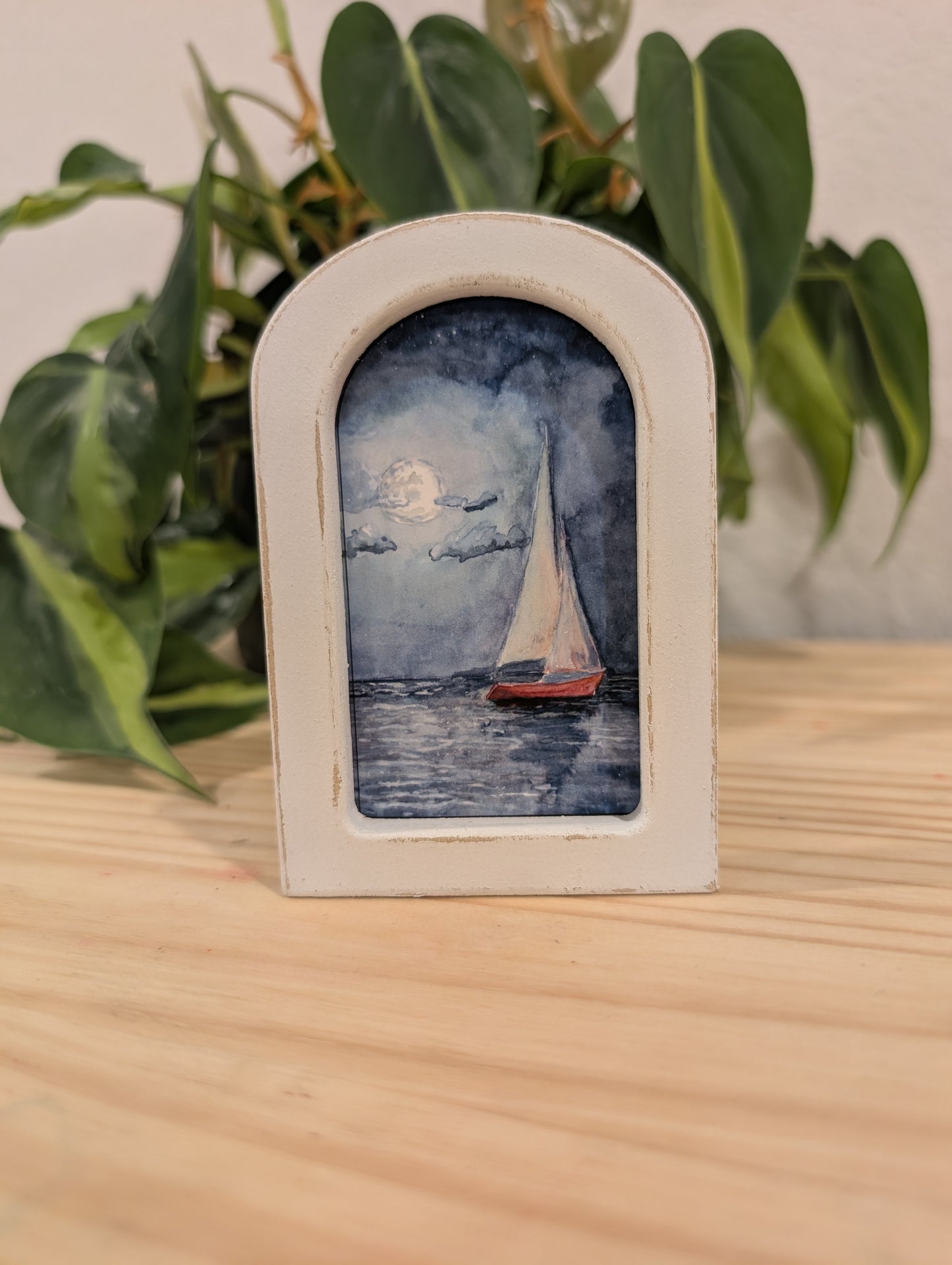 Mini Sailboat at Night Art Print - Wood Arch Frame - Lora Cavallin Art