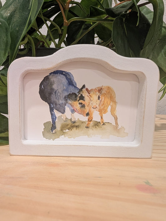 Mini Mama and Baby Cow Art Print - Wood Arch Frame - Lora Cavallin Art