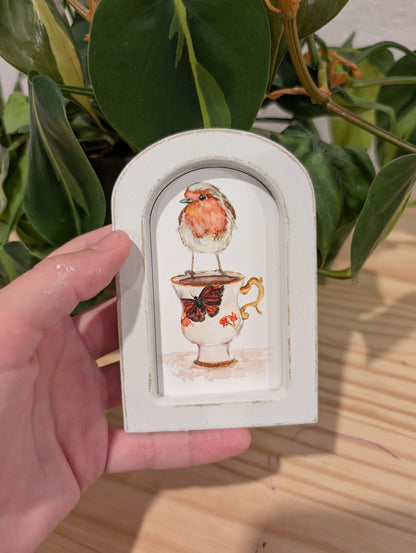 Mini Robin Bird on Teacup Art Print - Wood Arch Frame - Lora Cavallin Art