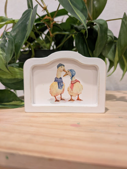 Mini Whimsical Duck Couple Art Print - Wood Arch Frame - Lora Cavallin Art
