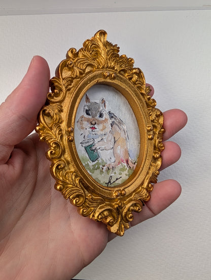 Mini Chipmunk with Coffee Painting - Original Watercolor Art by Lora Cavallin