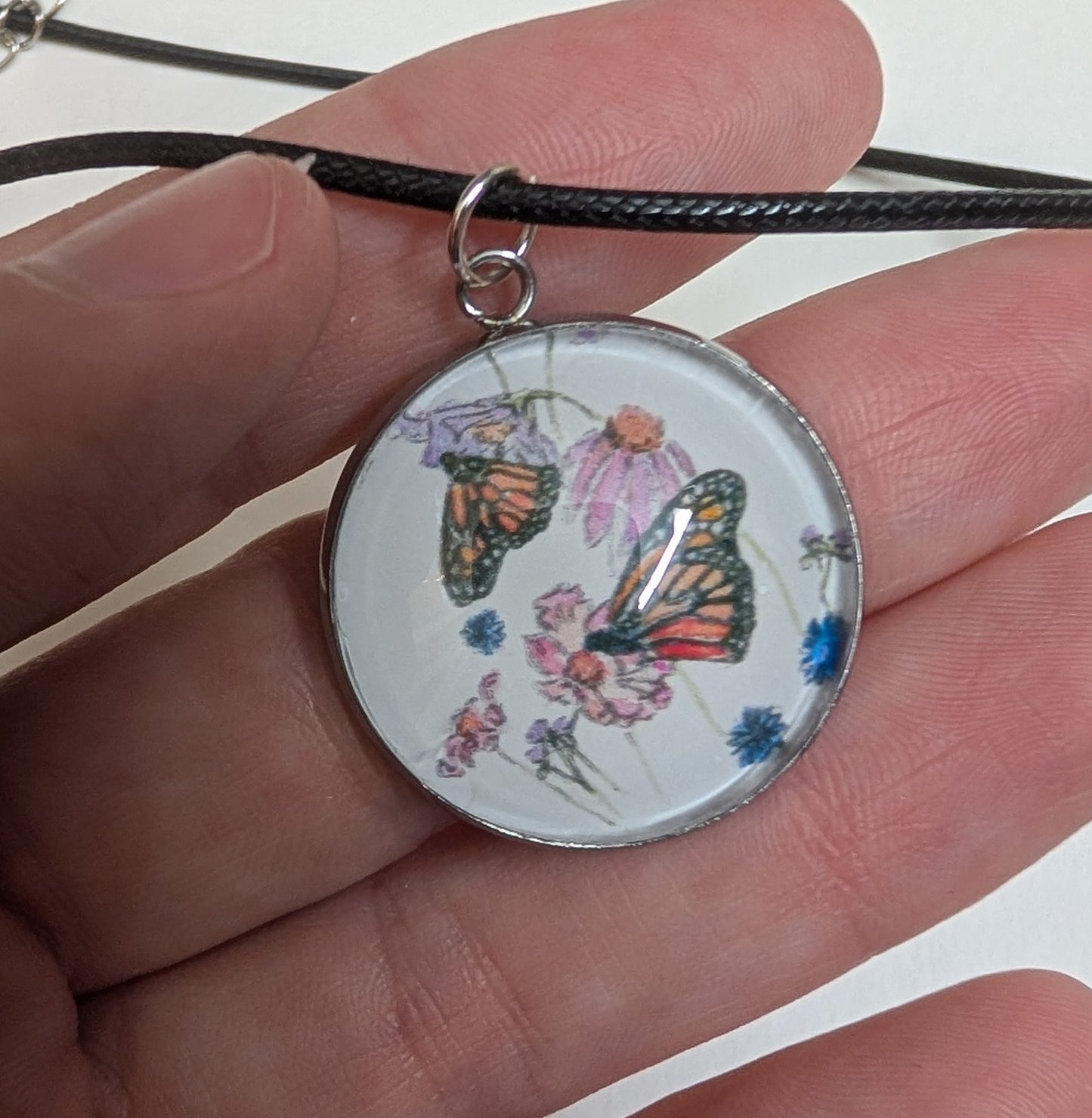 Butterfly and Flowers Pendant Necklace - Lora Cavallin Art