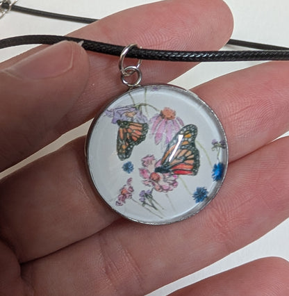 Butterfly and Flowers Pendant Necklace - Lora Cavallin Art