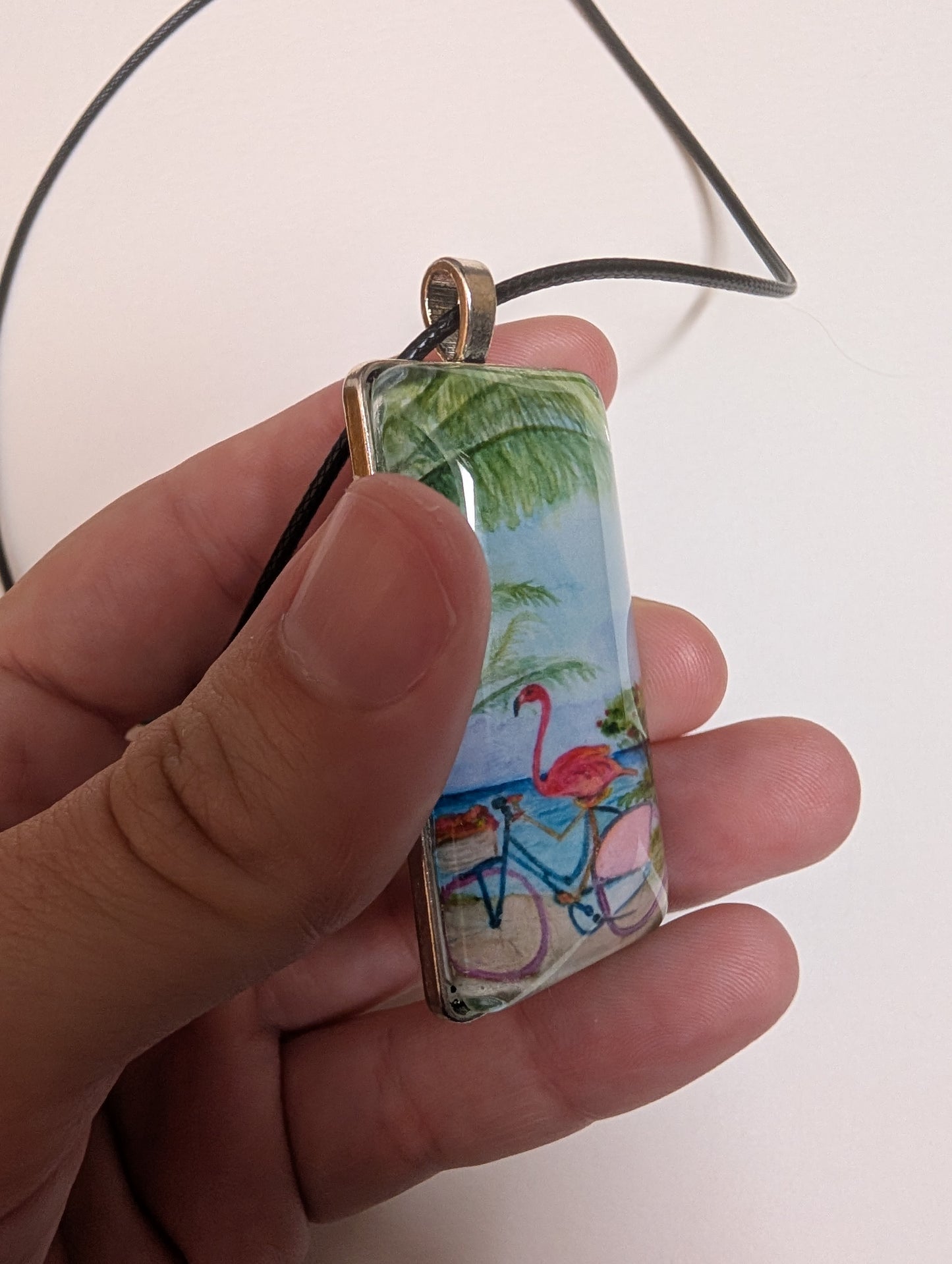 Flamingo on Bike Pendant Necklace - Lora Cavallin Art