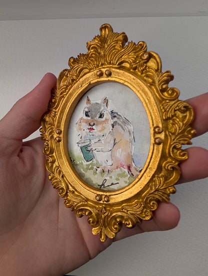 Mini Chipmunk with Coffee Painting - Original Watercolor Art by Lora Cavallin