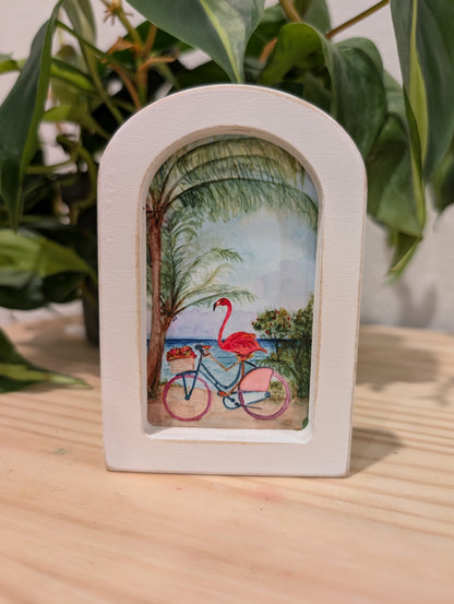 Mini Flamingo on Bike Art Print - Wood Arch Frame - Lora Cavallin Art