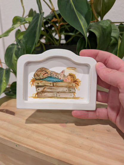 Mini Baby Jesus in Manger with Cat Art Print - Wood Arch Frame - Lora Cavallin Art