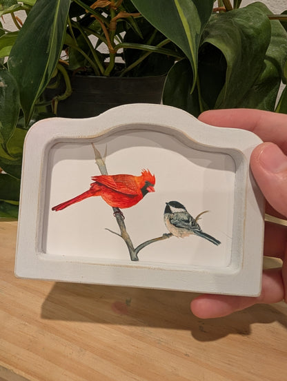 Mini Cardinal Bird and Chickadee Bird Art Print - Wood Arch Frame - Lora Cavallin Art