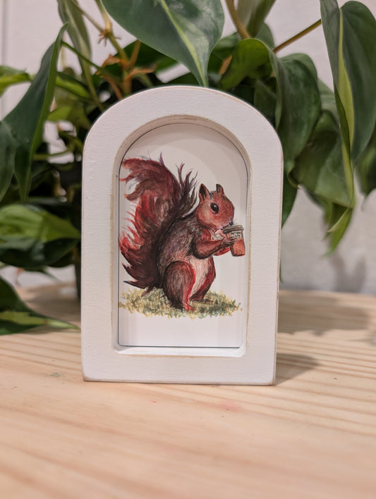 Mini Squirrel Drinking Coffee Art Print - Wood Arch Frame - Lora Cavallin Art