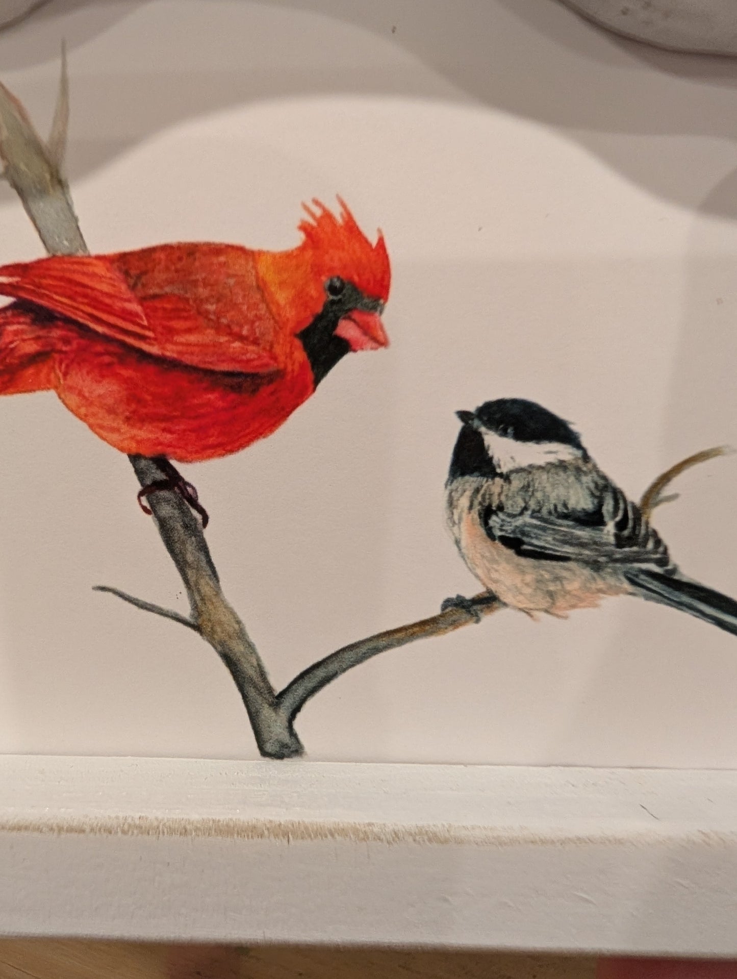 Mini Cardinal Bird and Chickadee Bird Art Print - Wood Arch Frame - Lora Cavallin Art