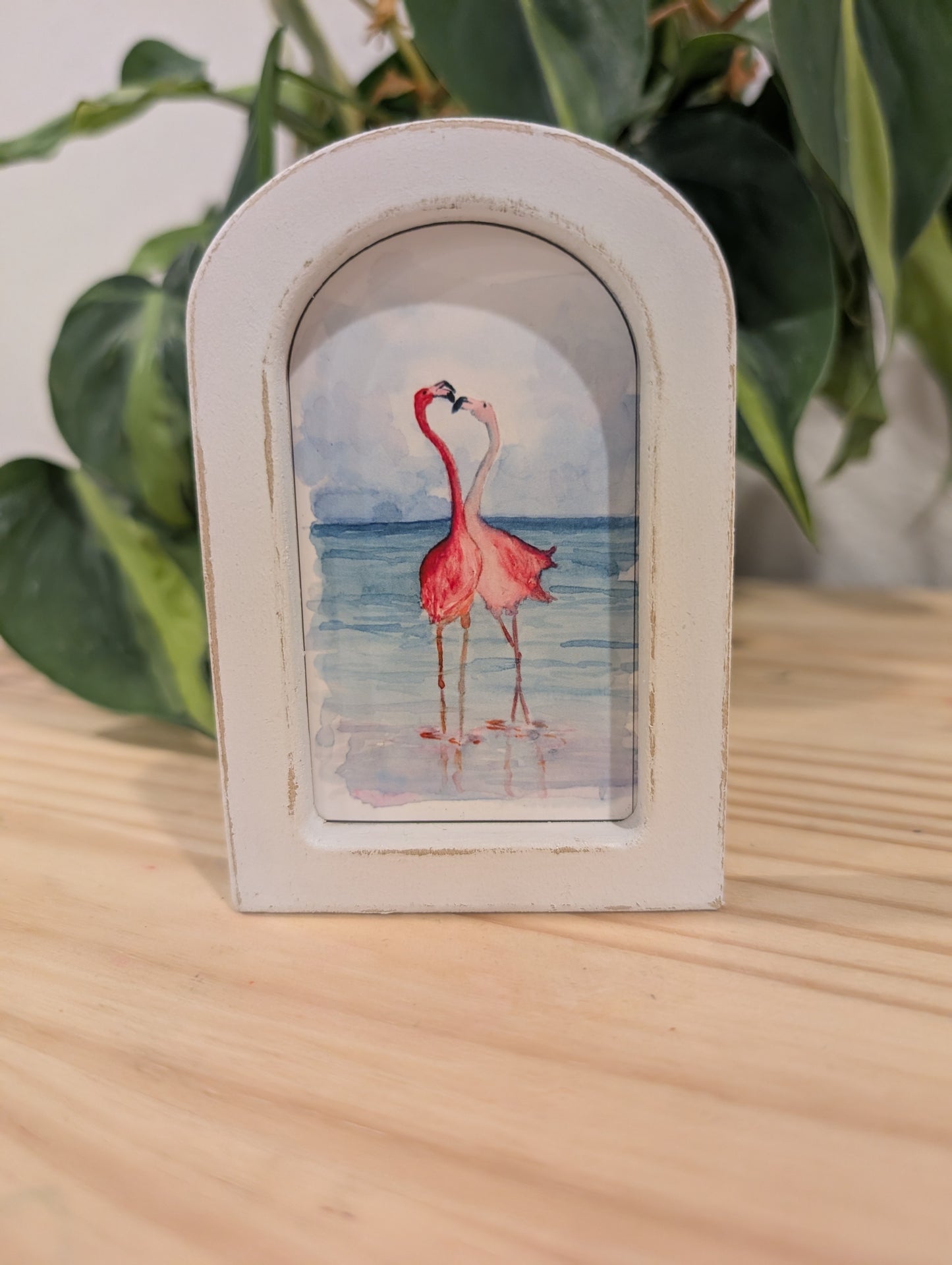 Mini Flamingos in Love Print - Wood Arch Frame - Lora Cavallin Art