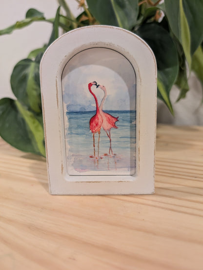 Mini Flamingos in Love Print - Wood Arch Frame - Lora Cavallin Art