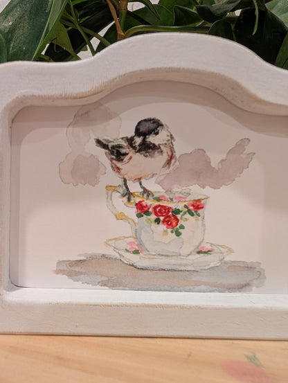 Mini Chickadee Bird Art Print - Wood Arch Frame - Lora Cavallin Art