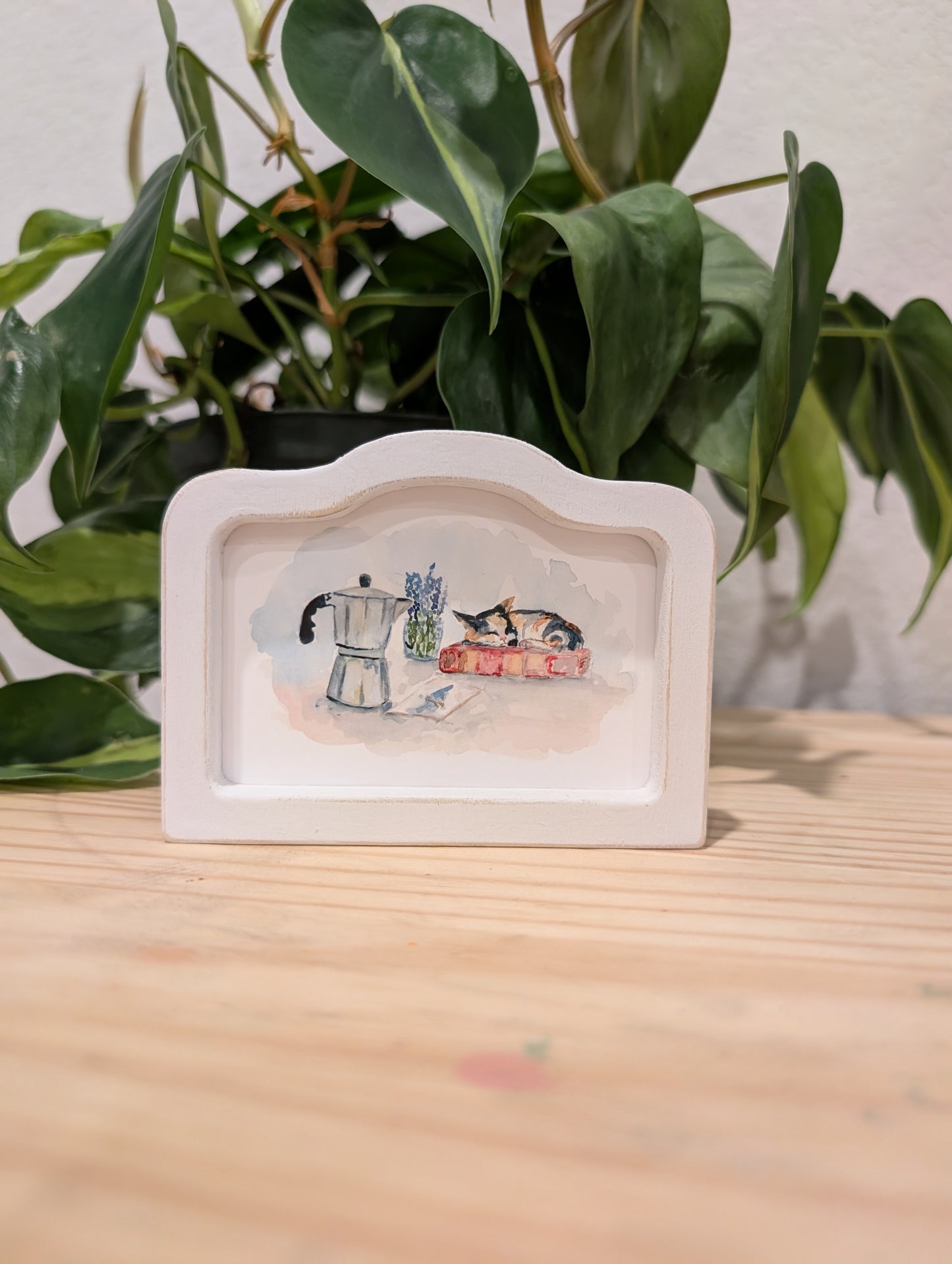 Mini Cat and Coffee Art Print - Wood Arch Frame - Lora Cavallin Art