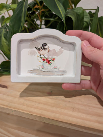 Mini Chickadee Bird Art Print - Wood Arch Frame - Lora Cavallin Art