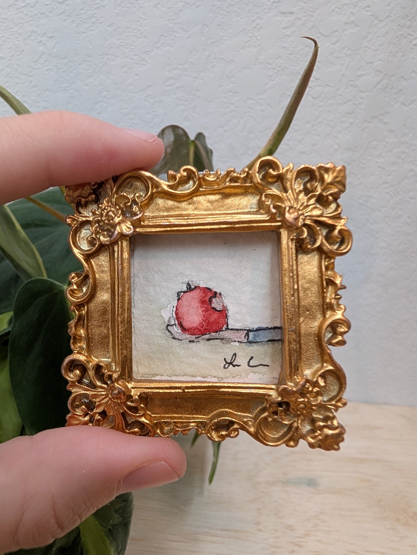 Mini Snow White Apple Painting - Original Watercolor Art by Lora Cavallin