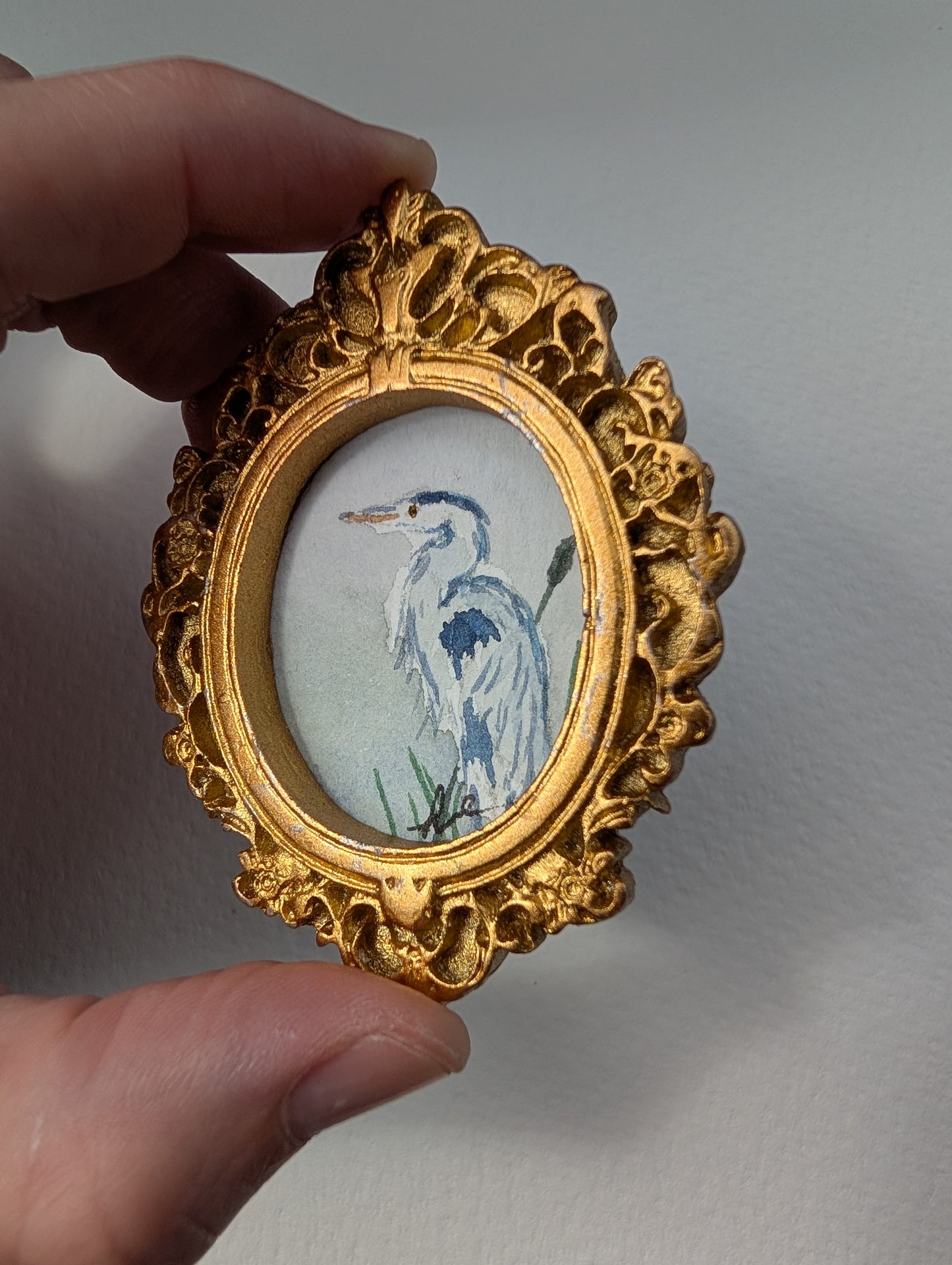 Mini Blue Heron Painting - Original Watercolor Art by Lora Cavallin