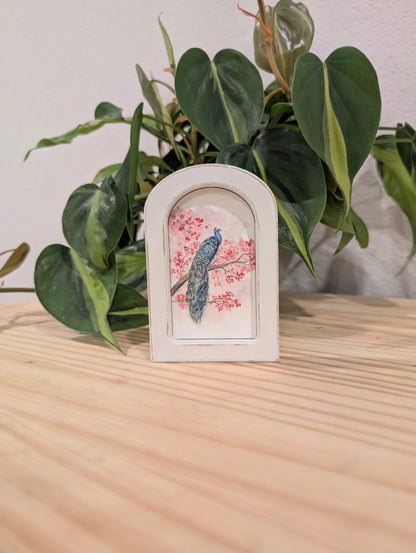 Mini Peacock Art Print - Wood Arch Frame - Lora Cavallin Art