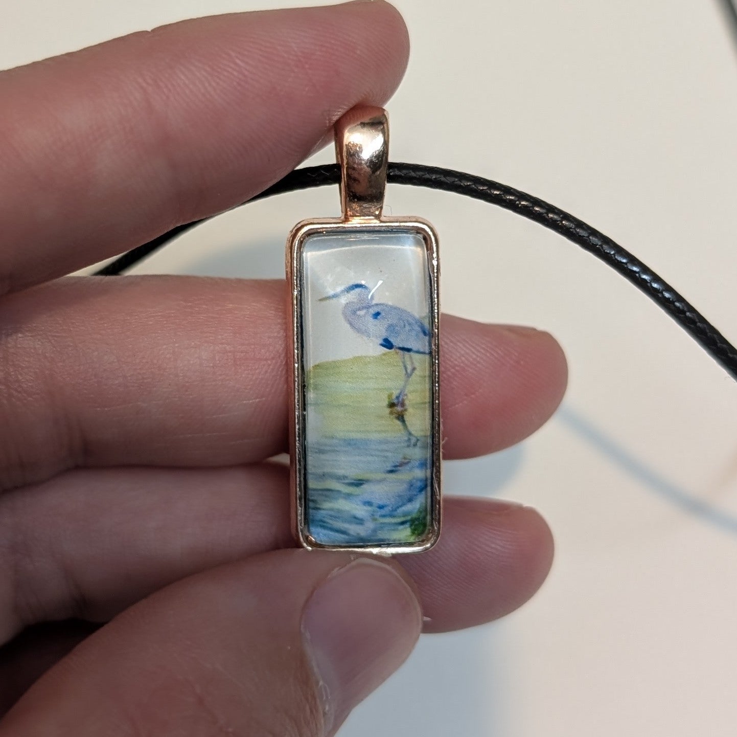 Blue Heron in Creek Pendant Necklace - Lora Cavallin Art
