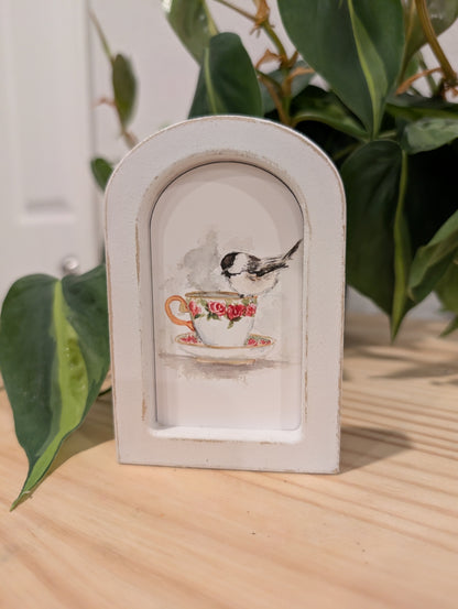 Mini Chickadee Bird on Teacup Art Print - Wood Arch Frame - Lora Cavallin Art
