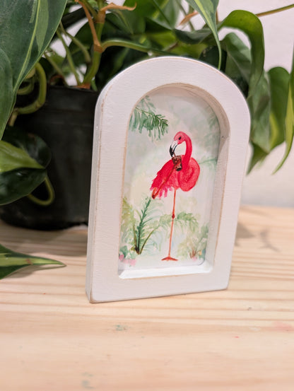 Mini Flamingo Drinking an Iced Drink Art Print - Wood Arch Frame - Lora Cavallin Art