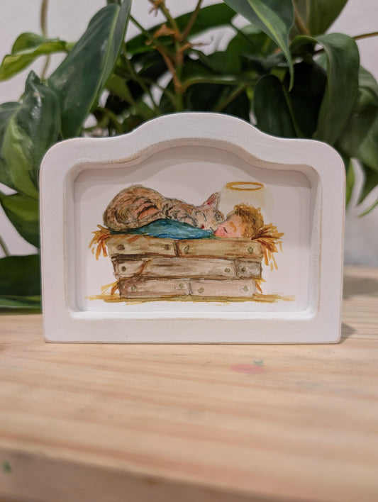 Mini Baby Jesus in Manger with Cat Art Print - Wood Arch Frame - Lora Cavallin Art
