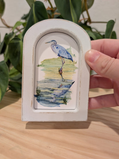 Mini Blue Heron in Creek Art Print - Wood Arch Frame - Lora Cavallin Art