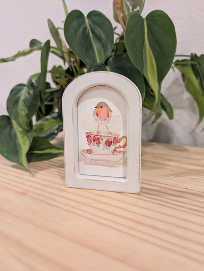 Mini Robin Bird on Teacup Art Print - Wood Arch Frame - Lora Cavallin Art