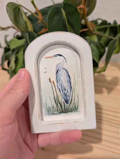 Mini Blue Heron in Reeds Art Print - Wood Arch Frame - Lora Cavallin Art