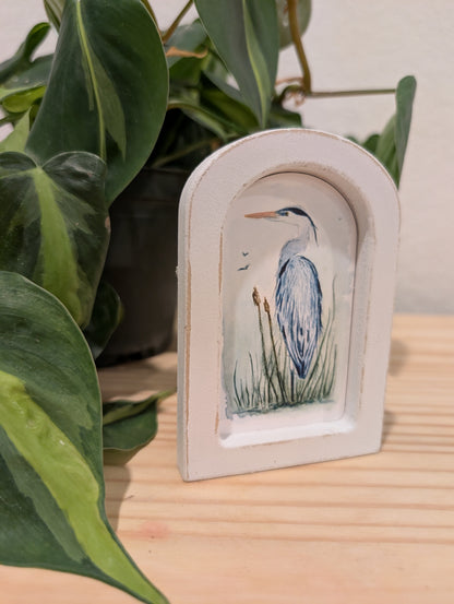 Mini Blue Heron in Reeds Art Print - Wood Arch Frame - Lora Cavallin Art