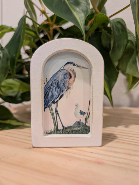 Mini Blue Heron with Seagull Art Print - Wood Arch Frame - Lora Cavallin Art