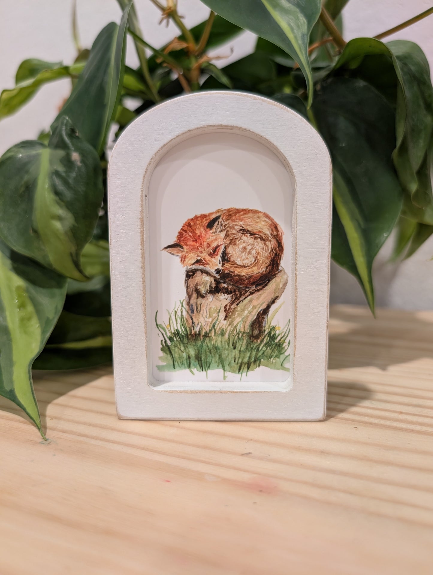 Mini Sleeping Fox Art Print - Wood Arch Frame - Lora Cavallin Art