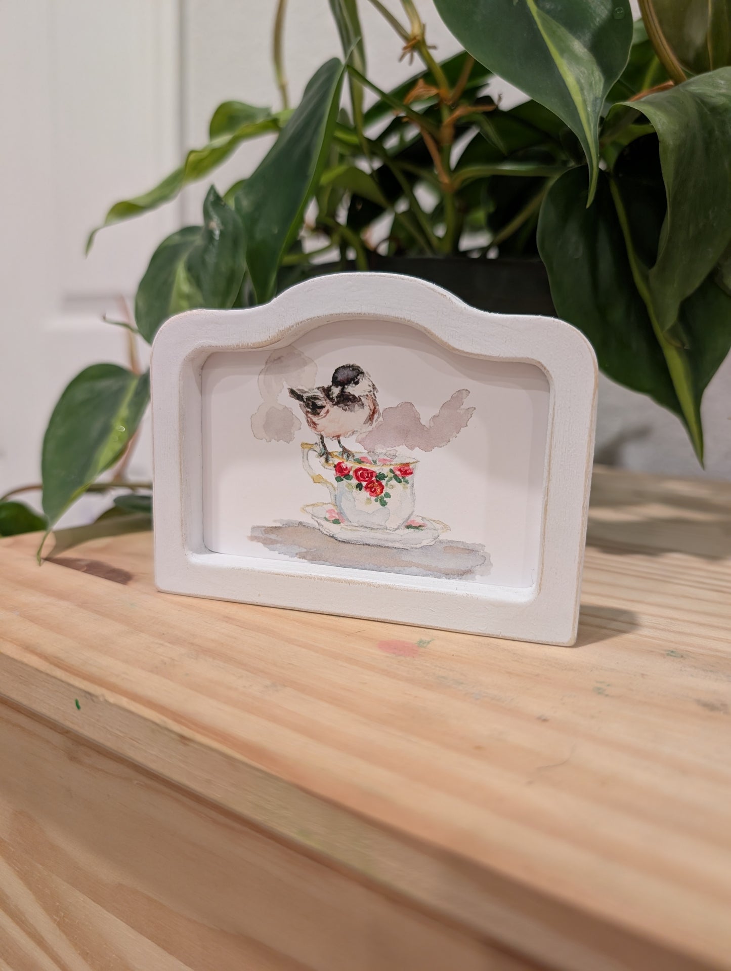 Mini Chickadee Bird Art Print - Wood Arch Frame - Lora Cavallin Art