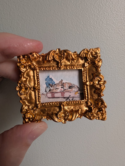 Mini Sleeping Cat Painting - Original Watercolor Art by Lora Cavallin