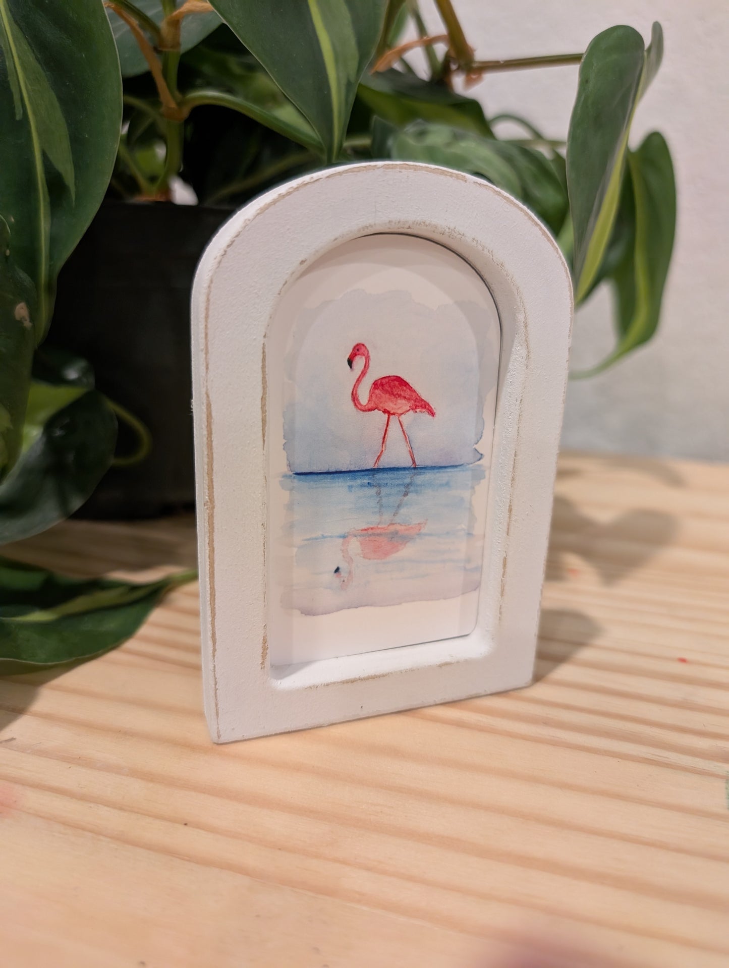 Mini Flamingo with Reflection Art Print - Wood Arch Frame - Lora Cavallin Art