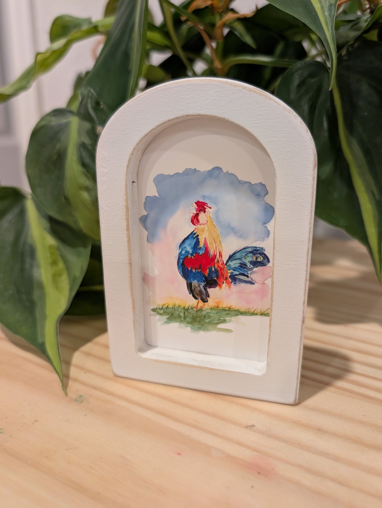 Mini Rooster Art Print - Wood Arch Frame - Lora Cavallin Art