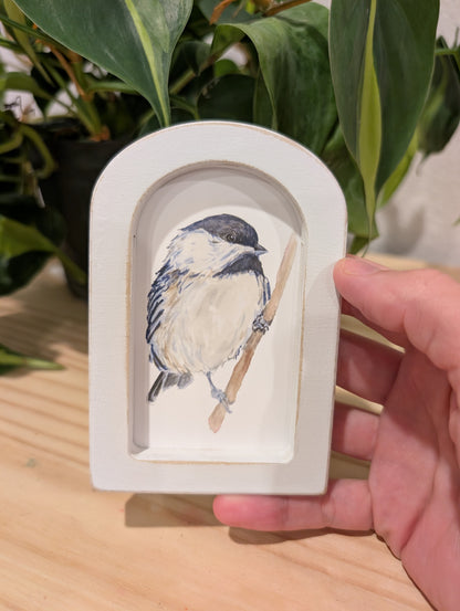 Mini Chickadee Bird Art Print - Wood Arch Frame - Lora Cavallin Art