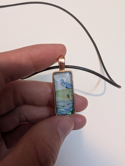 Blue Heron in Creek Pendant Necklace - Lora Cavallin Art