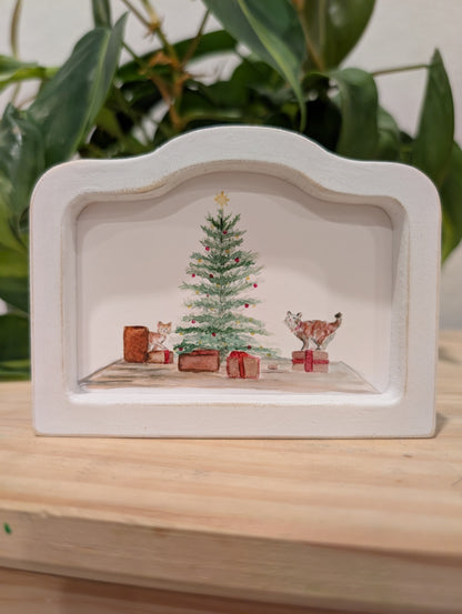 Mini Christmas Scene Cats and Presents Art Print - Wood Arch Frame - Lora Cavallin Art