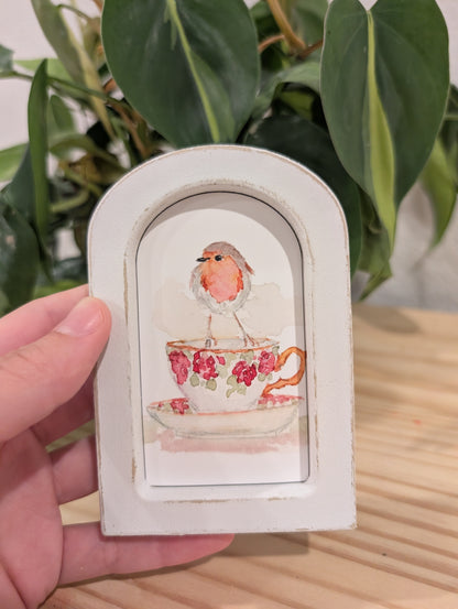 Mini Robin Bird on Teacup Art Print - Wood Arch Frame - Lora Cavallin Art