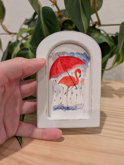 Mini Flamingo with Umbrella Art Print - Wood Arch Frame - Lora Cavallin Art