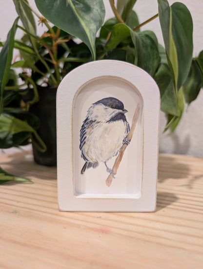 Mini Chickadee Bird Art Print - Wood Arch Frame - Lora Cavallin Art