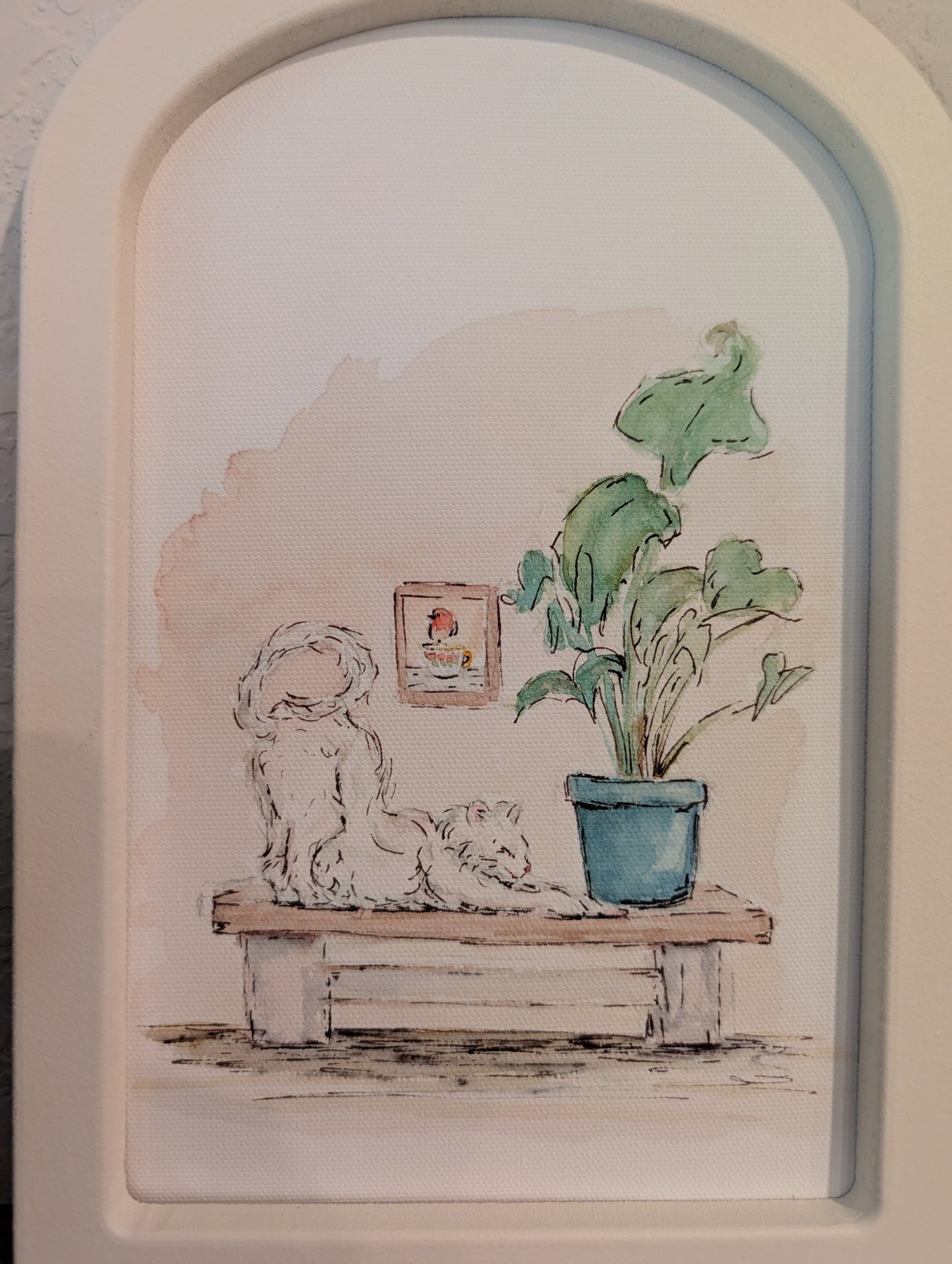 Comfy Cat Stretching - Large Arched Framed Print