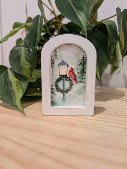 Mini Cardinal Bird on Lamppost Art Print - Wood Arch Frame - Lora Cavallin Art