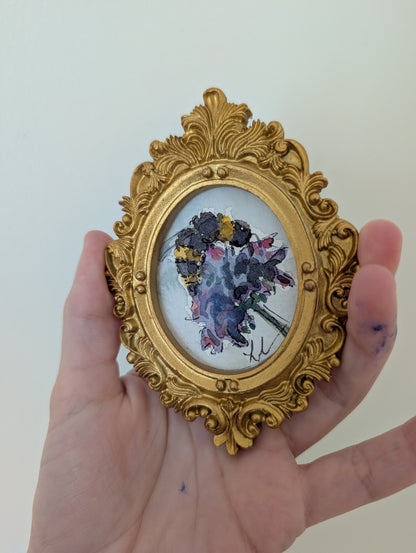 Mini Bee on Flower Painting - Original Watercolor Art by Lora Cavallin