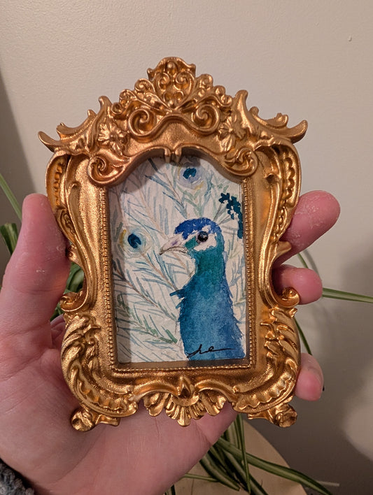 Mini Peacock Painting - Original Watercolor Art by Lora Cavallin