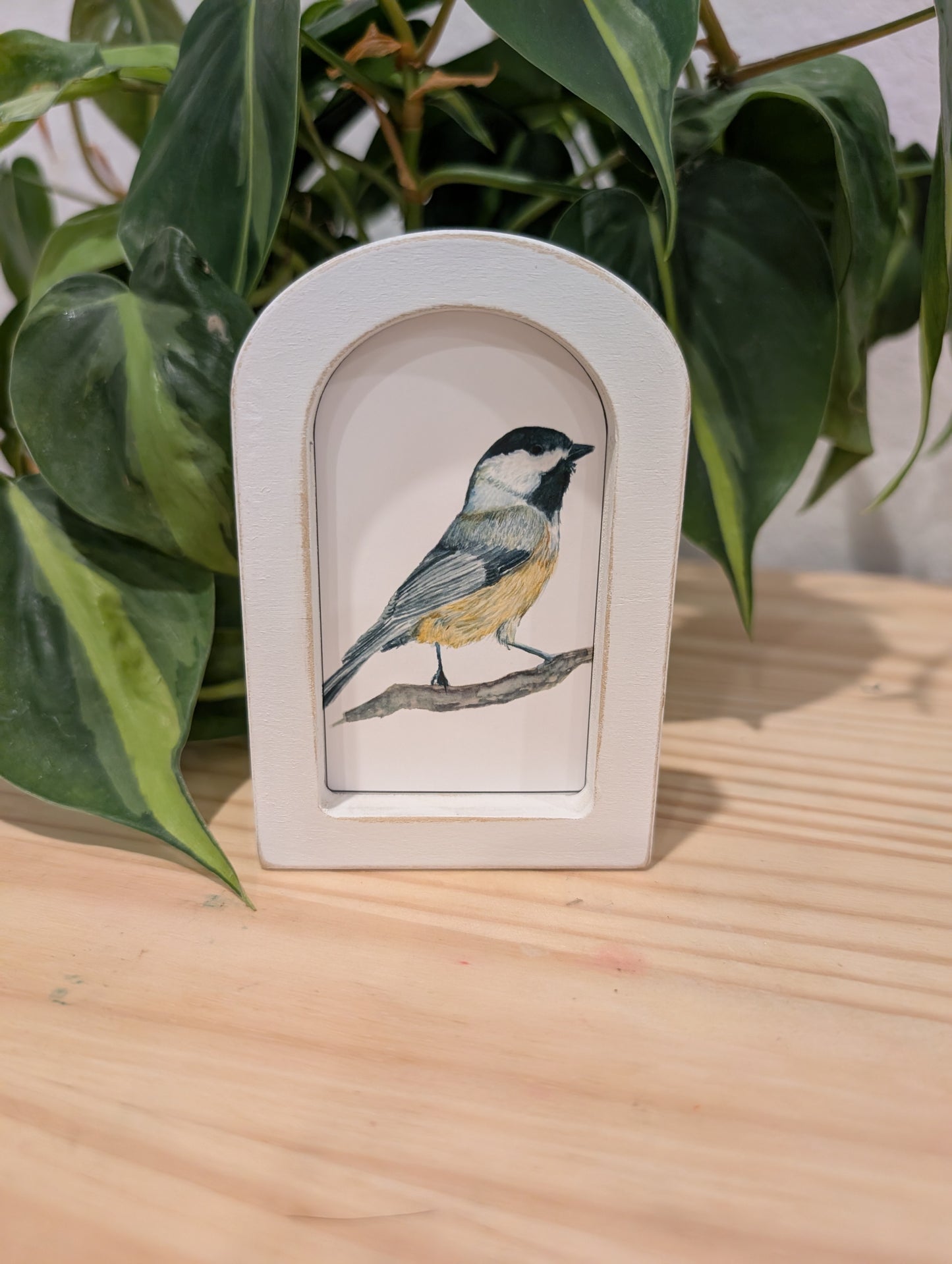 Mini Chickadee Bird Art Print - Wood Arch Frame - Lora Cavallin Art