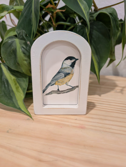 Mini Chickadee Bird Art Print - Wood Arch Frame - Lora Cavallin Art