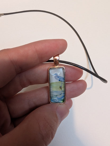 Blue Heron in Creek Pendant Necklace - Lora Cavallin Art
